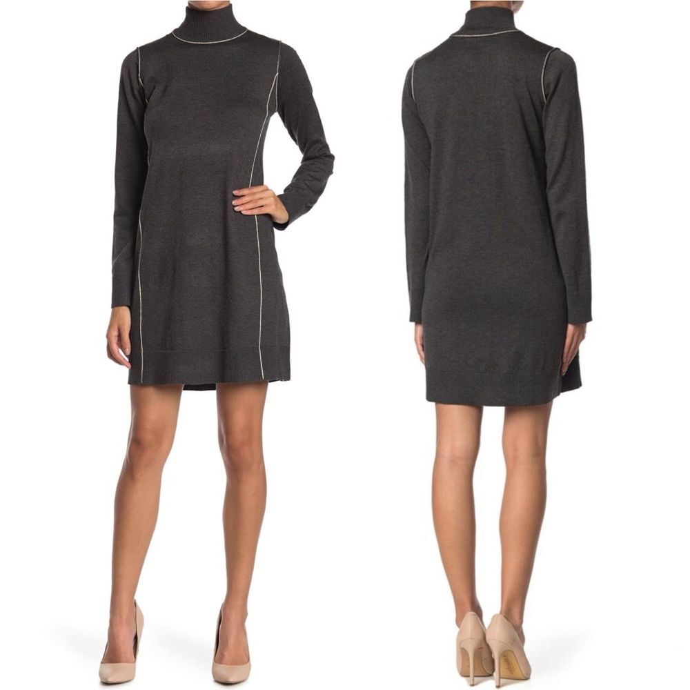 NWT Max Studio Long Sleeve Mock Neck Sweater Dress Charcoal Gray Size Large NEW